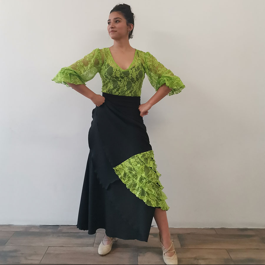 [FAF00619028TCH] Falda flamenco 3 picos olanes pico atrás (CH, Dorado)