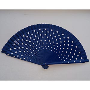 Abanico español azul rey lunares blancos