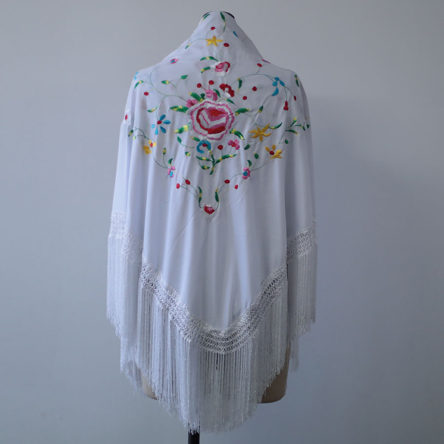 Mantón G triangular blanco bordado colores