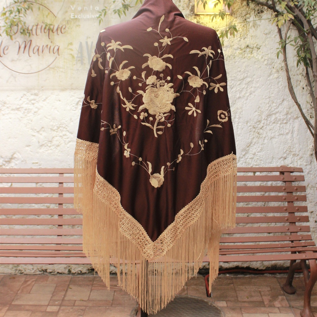 [MTN01115043TG] Mantón G triangular cafe bordado beige flecos beige