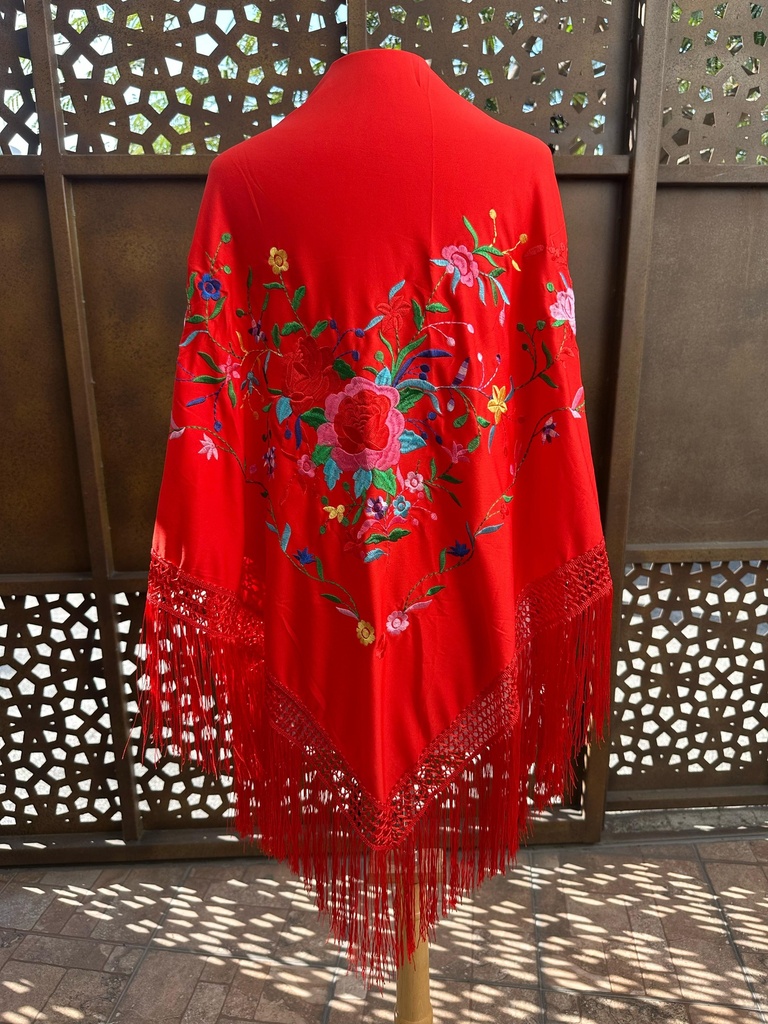 Mantón triangular Rojo flores de colores