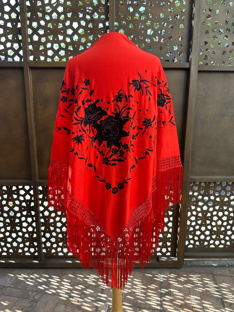 Mantón triangular Rojo flores negro