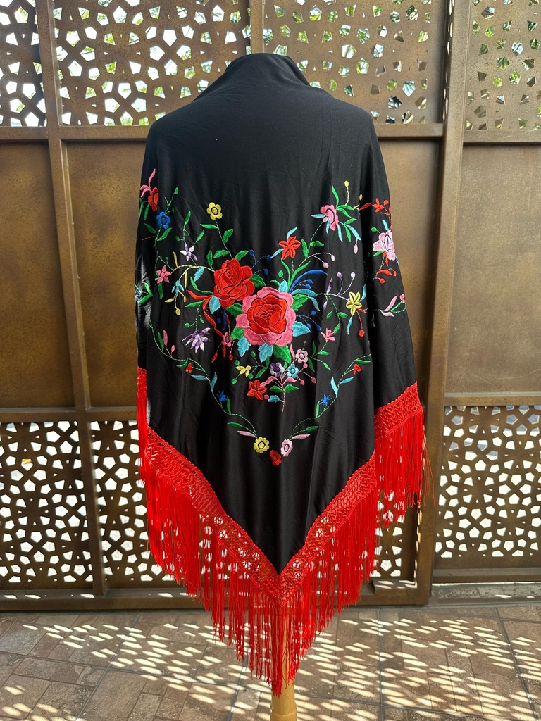 Mantón triangular negro flores de colores