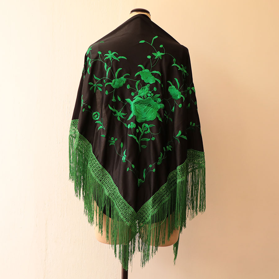 Mantón G triangular Negro/verde fleco sencillo