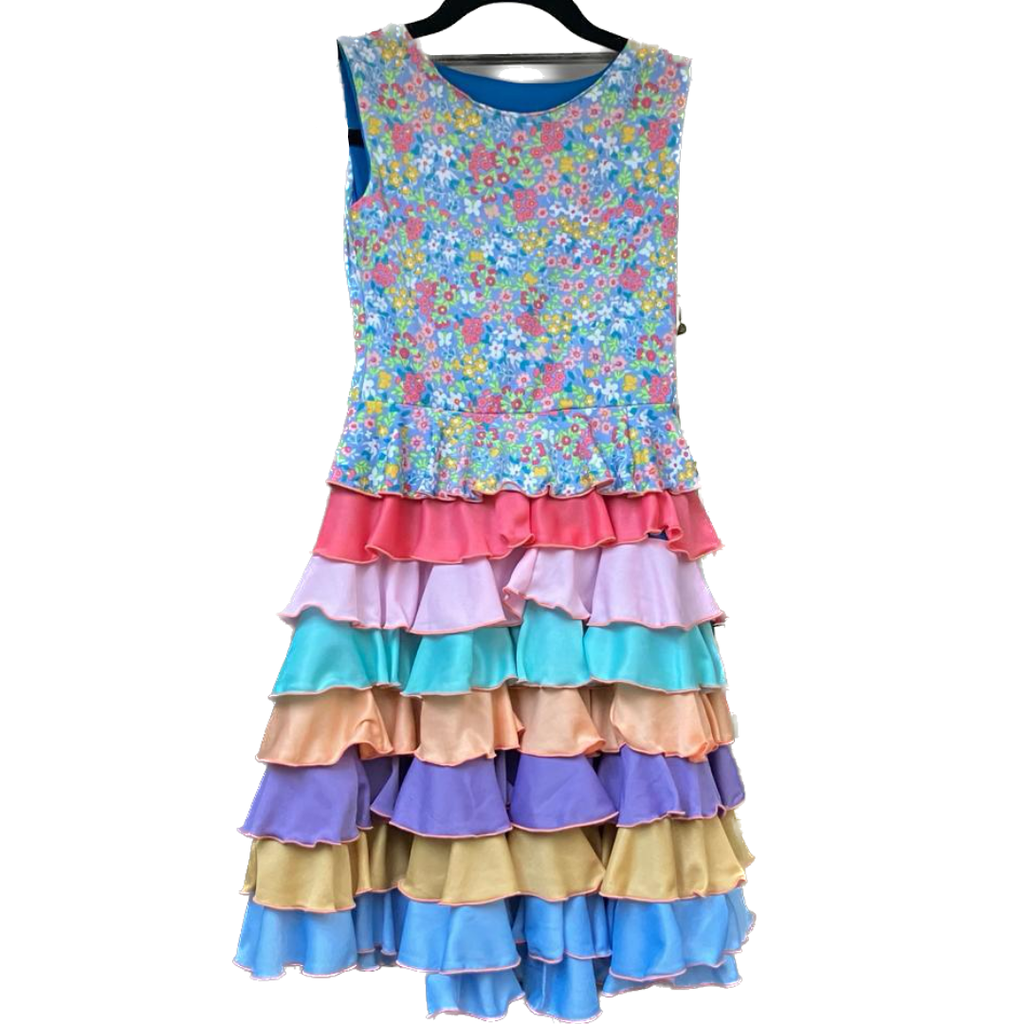 Vestido de niñas, flores azules, SIN MANGA, TALLA 6