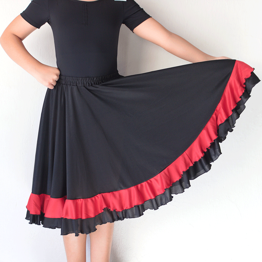 [FAF00625053T1012] Falda Flamenco negra niñas (10-12, Olán rojo)