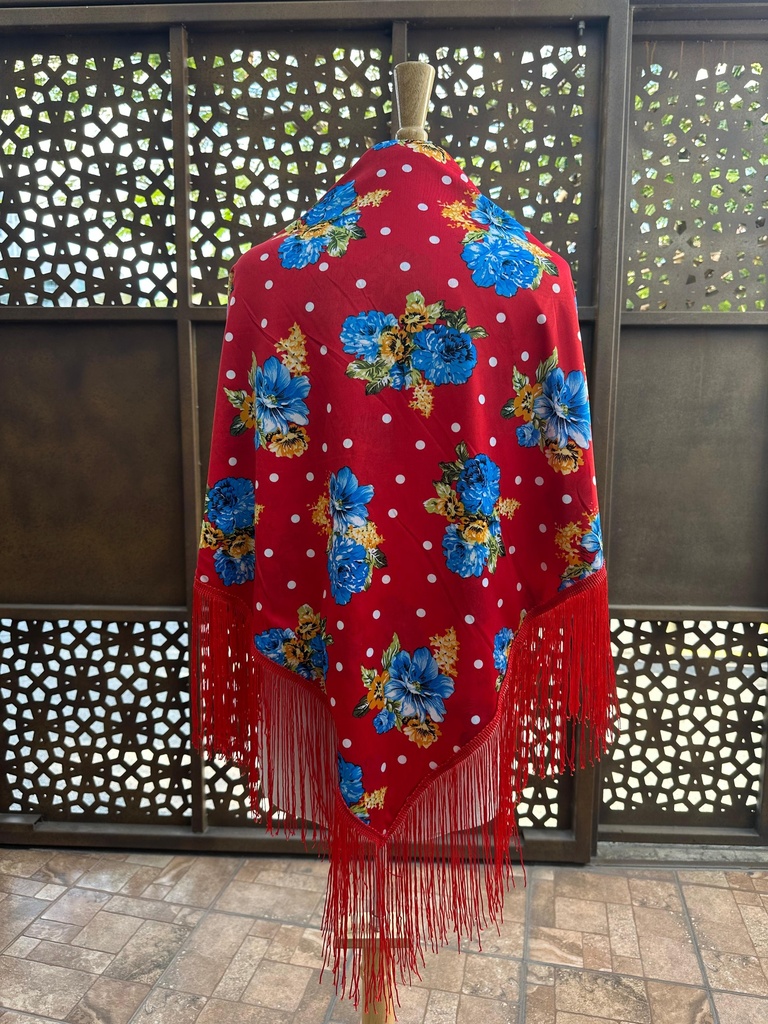 Mantón de flores con flecos rojos