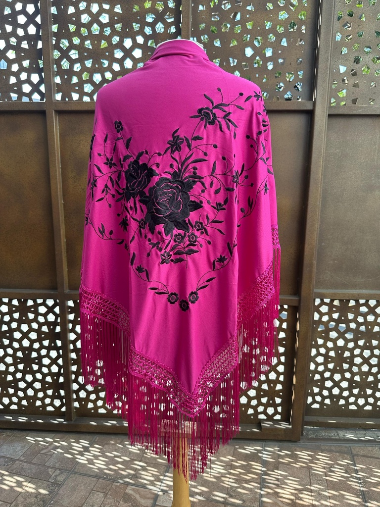 Mantón triangular Buganvilia flores negro