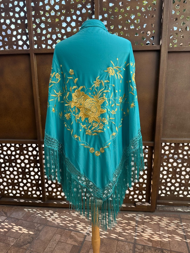 Mantón triangular color aqua flores doradas
