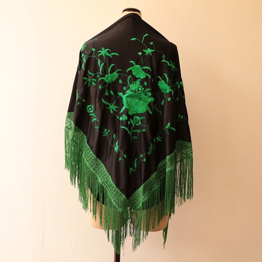 [MTN01124010TM] Mantón G triangular Negro/verde fleco sencillo