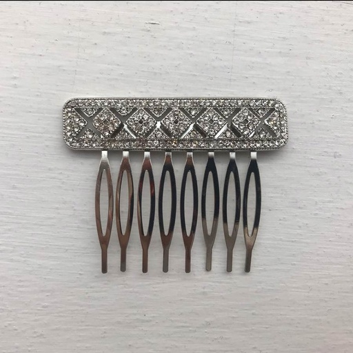 [PTA00709076] Peineta metal plateada pedrería Cuadrada con rombos