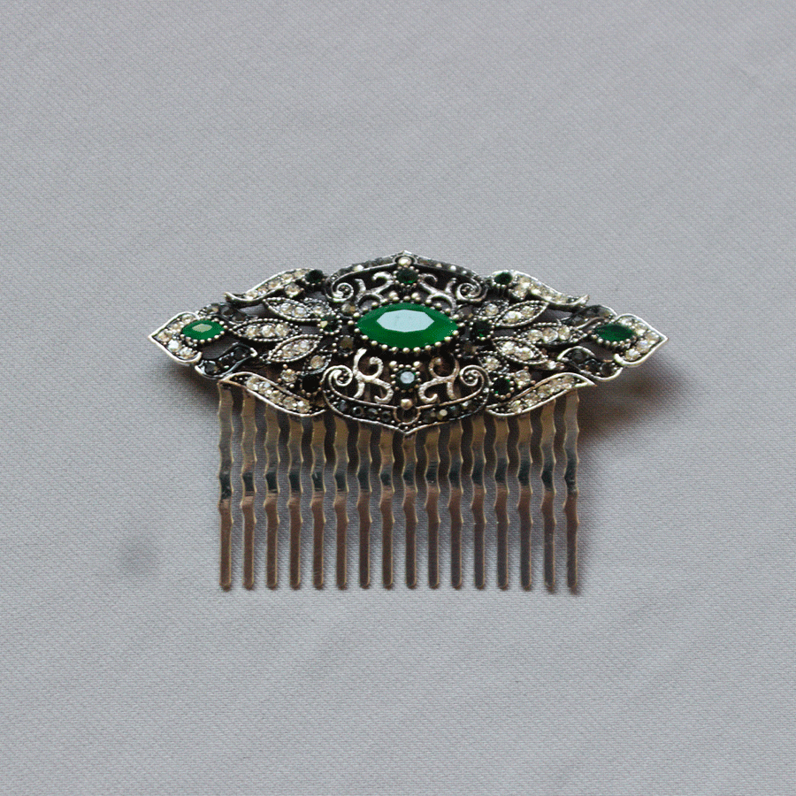 [PTA00715076] Peineta metal plateado pedrería verde