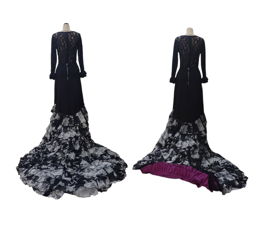 [BAF00627001] Bata de cola negra con flores grises y fiusha